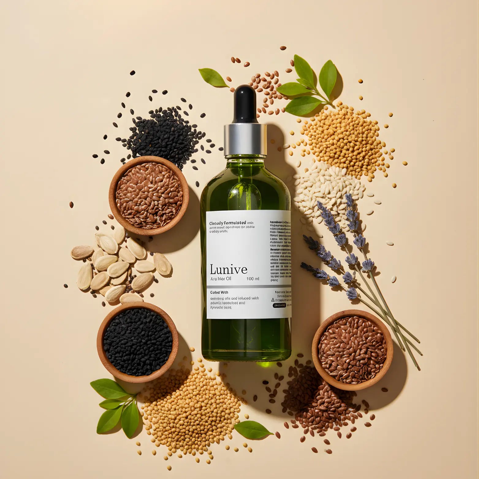 Lunive skincare bottle surrounded by seeds and herbs on a beige background