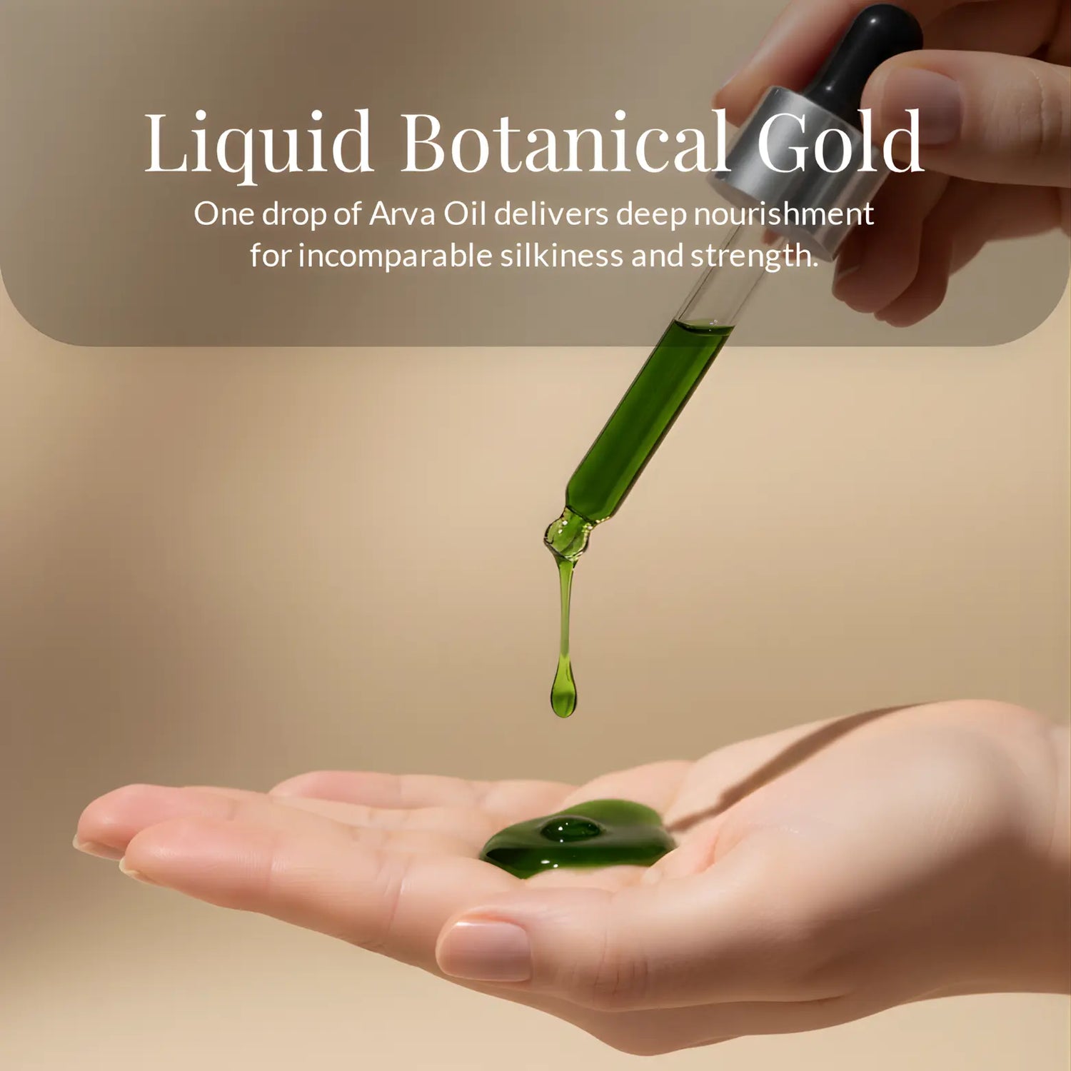 Hand holding a dropper with green liquid over another hand on a beige background, promoting 'Liquid Botanical Gold' with text about Arva Oil.