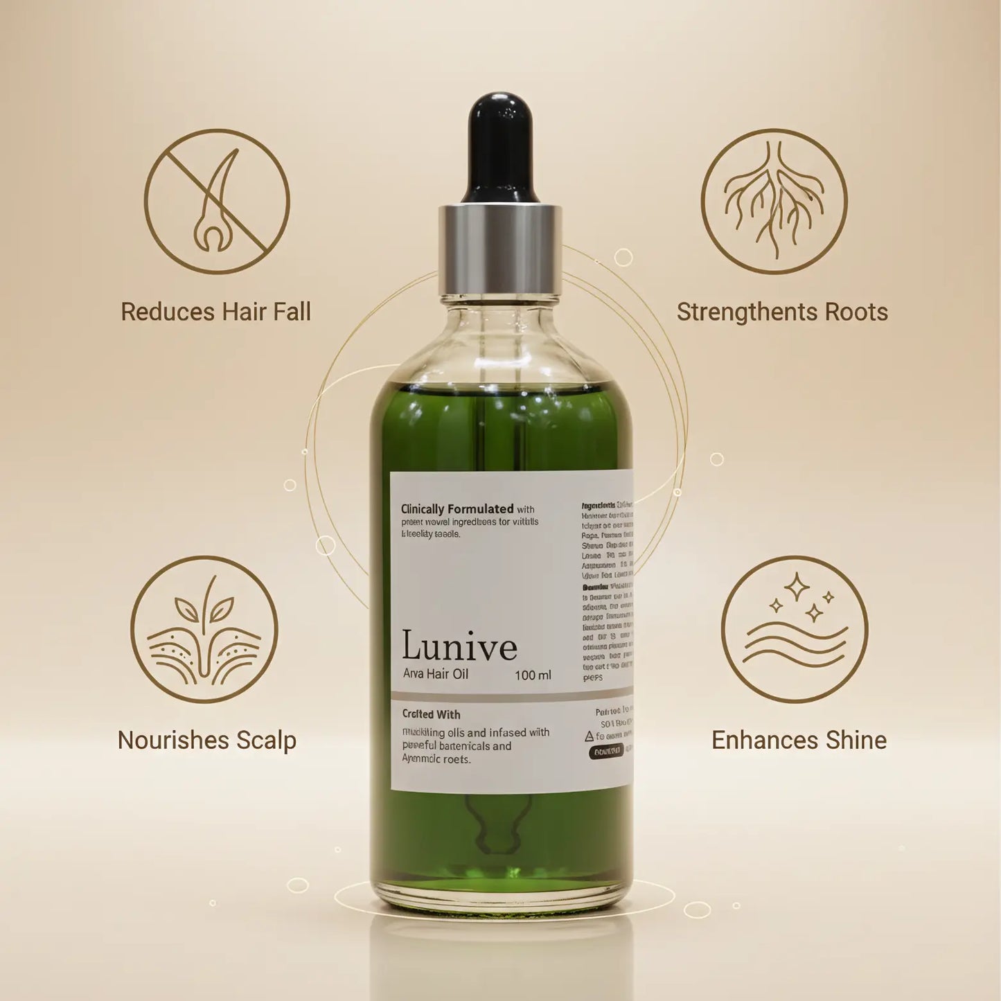 Lunive hair oil bottle with dropper on a beige background with icons and text about hair care benefits.