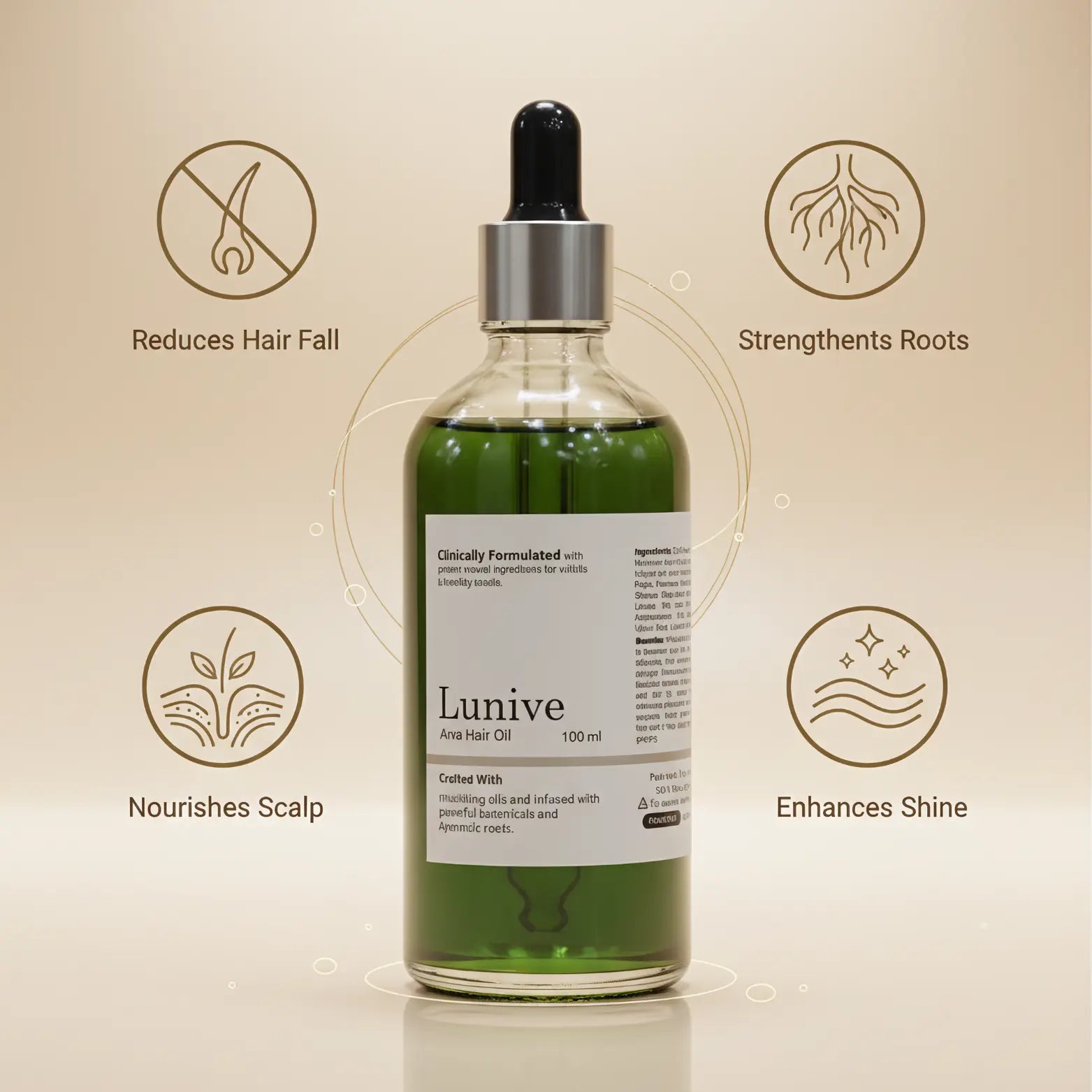 Lunive hair oil bottle with dropper on a beige background with icons and text about hair care benefits.
