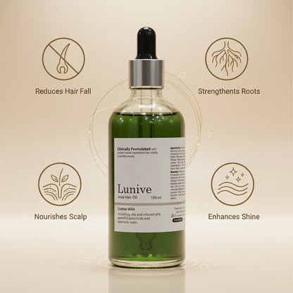 Lunive hair oil bottle with dropper on a beige background with icons and text about hair care benefits.