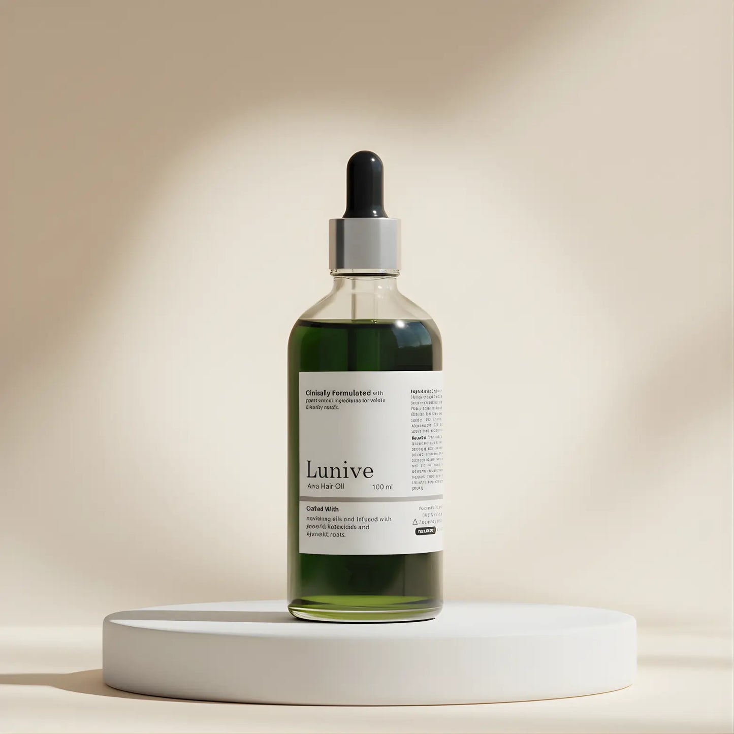 Bottle of Lunive skincare serum on a beige background