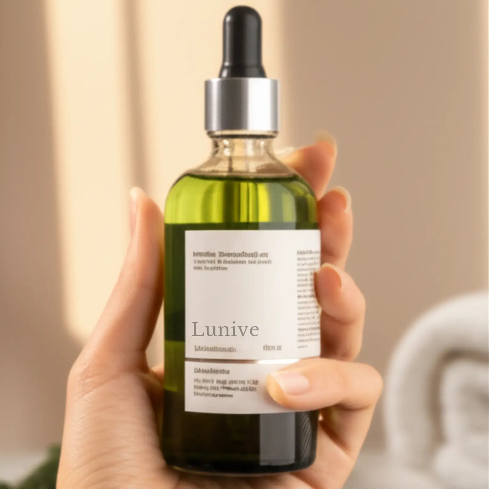 Hand holding a bottle of Lunive skincare serum with a blurred background